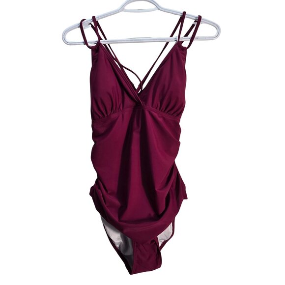 NWOT | Burgundy Tummy Control One Piece Bathing Suit Criss Cross Back | Medium - Picture 1 of 5